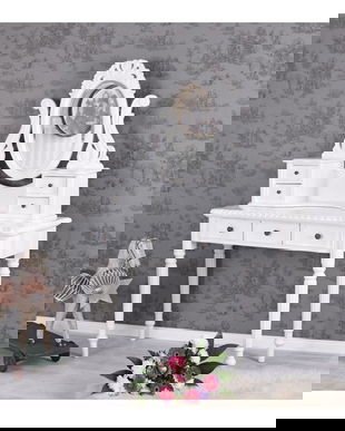 Masa de toaleta din lemn masiv alb cu oglinda