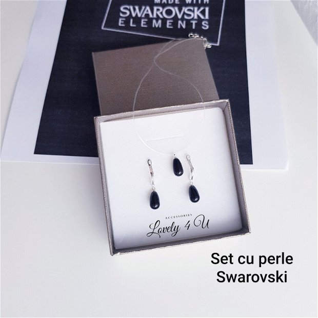 Set cu perle Swarovski negre in forma de picătură