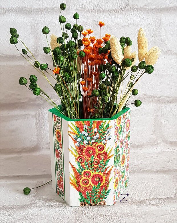 Suport creioane flori, suport pensule, vaza lemn, vaza flori uscate, vaza cu flori