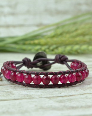Bratara din snur de piele si agate-  ''Happy Orchid''