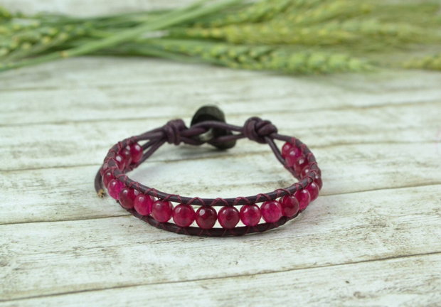 Bratara din snur de piele si agate- ''Happy Orchid''