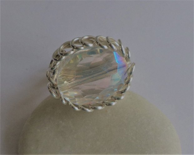 Inel din sarma de cupru placata cu argint si cristal transparent - silver