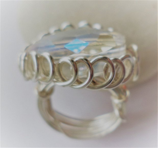 Inel din sarma de cupru placata cu argint si cristal transparent - silver