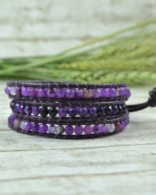 Bratara wrap cu snur de piele si agate ''Violet Crush''