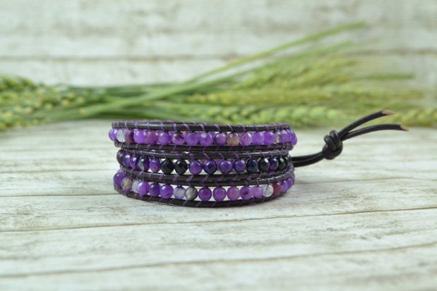 Bratara wrap cu snur de piele si agate ''Violet Crush''