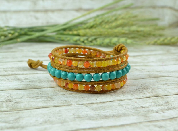 Bratara wrap cu snur de piele, agate si turcoaz  ''Maya'