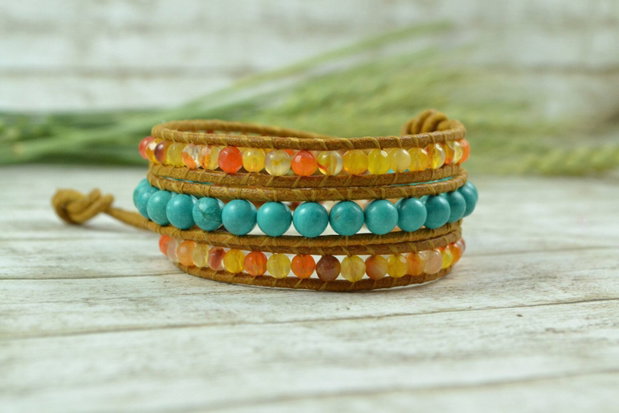 Bratara wrap cu snur de piele, agate si turcoaz  ''Maya'