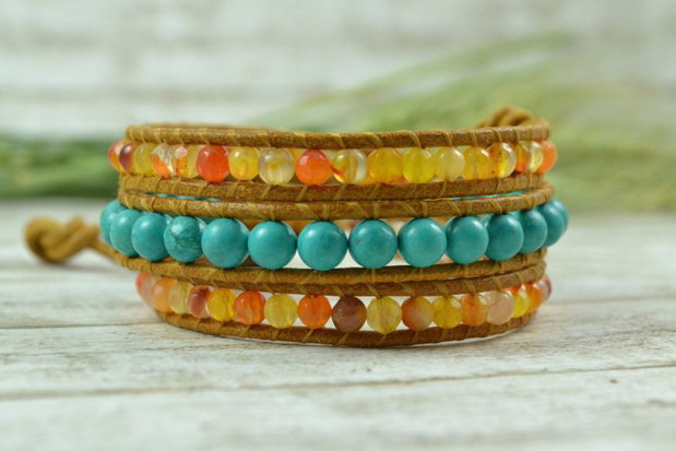 Bratara wrap cu snur de piele, agate si turcoaz  ''Maya'
