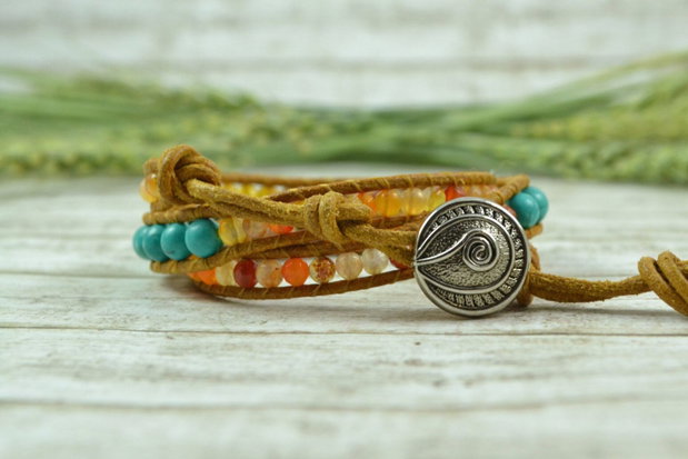 Bratara wrap cu snur de piele, agate si turcoaz  ''Maya'