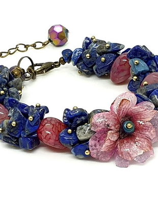 Bratara lapis lazuli,agat cu floricica roz