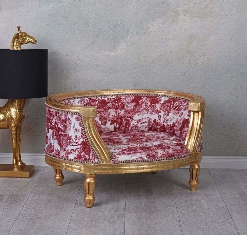 Canapea pentru caine din lemn masiv auriu cu tapiterie colorata