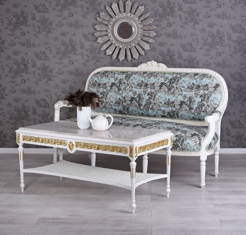 Sofa Madame Pompadour din lemn masiv alb cu tapiterie colorata