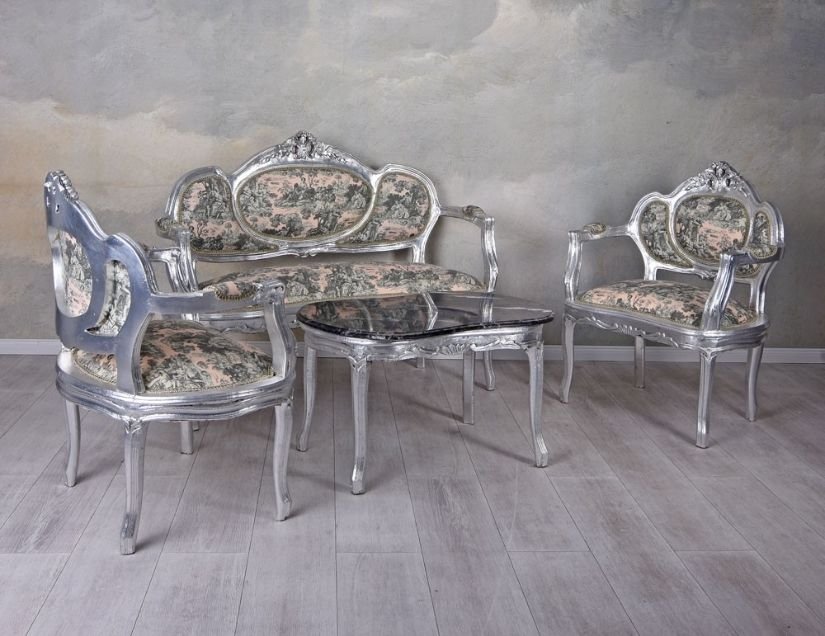 Set baroc din lemn masiv argintiu cu tapiterie colorata