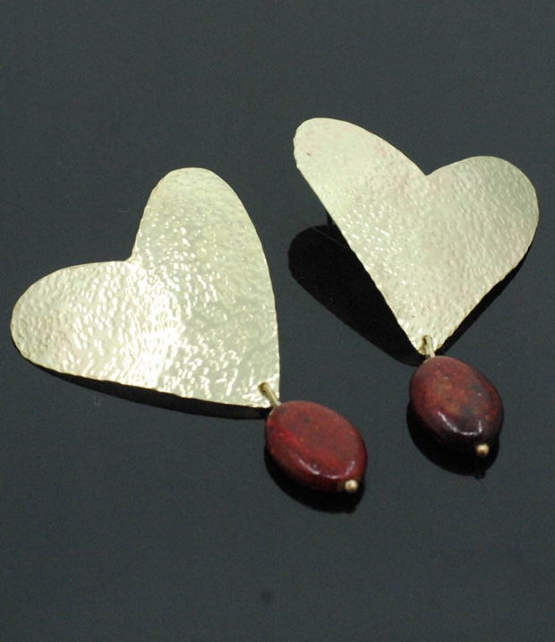 Cercei inimi din alamă texturata, mărgică ceramică, cu tortita de argint 925, cercei mari, cercei rotunzi, hoop earrings