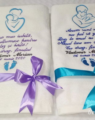 Set 2 prosoape bumbac personalizate , cadou nași sau moși botez/mot