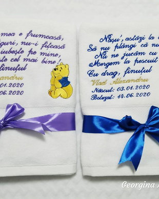 Set 2 prosoape bumbac personalizate , cadou nași sau moși botez/mot