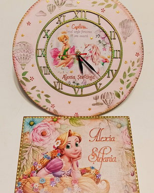 Set format din ceas pentru perete si cufar din lemn, cu personaje (Tinkerbell, Rapunzel, Unicorn)