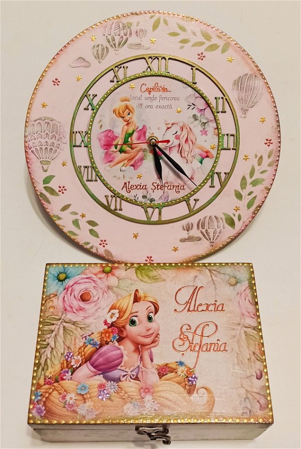 Set format din ceas pentru perete si cufar din lemn, cu personaje (Tinkerbell, Rapunzel, Unicorn)
