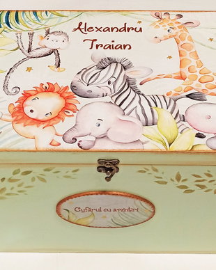 Cufar din lemn, 30/20/18 cm sau 40/30/20 cm cu tema Jungla, animalute