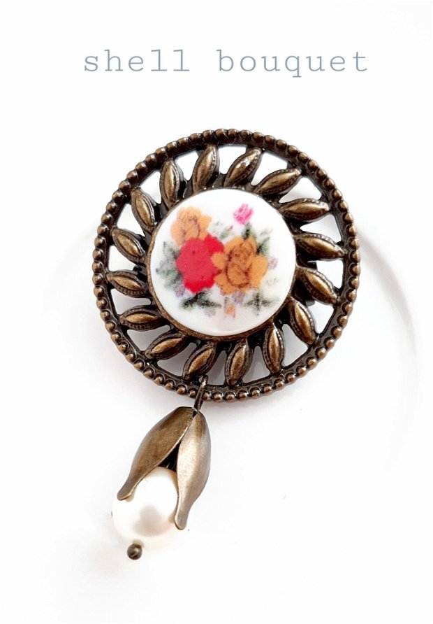Broșă bronz cu perlă și sidef cu buchet de flori