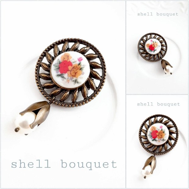 Broșă bronz cu perlă și sidef cu buchet de flori