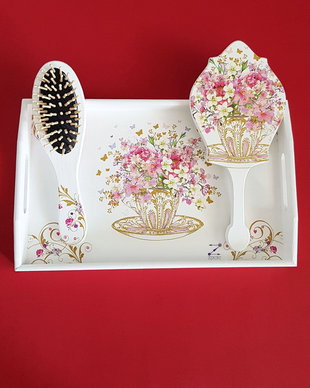 Tava gatitul miresei, set mireasa, set gatitul miresei flori, set perie si oglinda, set nunta, set shabby chic, tava mireasa, set mireasa cu flori