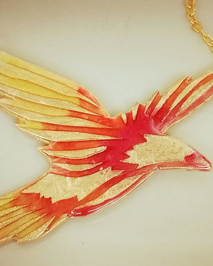 Pandantiv unicat, pasărea phoenix din bronz pictat cu rășină
