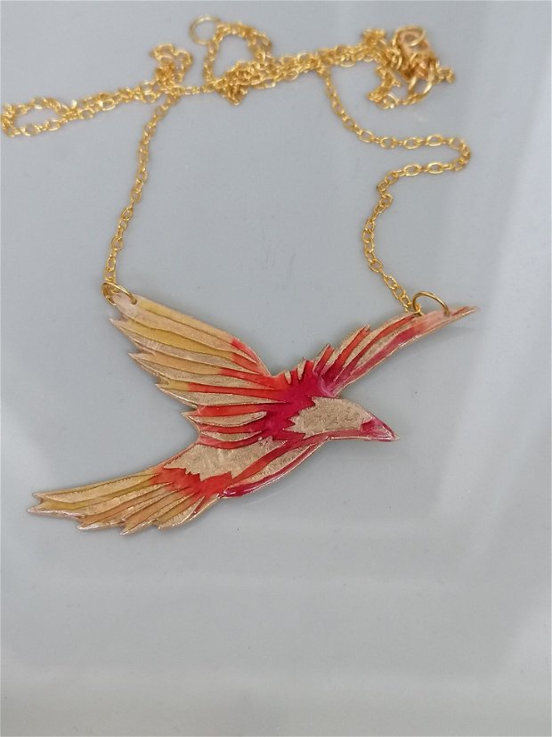 Pandantiv unicat, pasărea phoenix din bronz pictat cu rășină