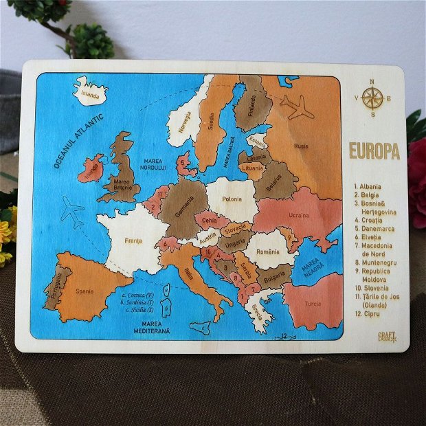 Puzzle Educativ Din Lemn, Gravat, Harta Europei Pe Tari Si Capitale