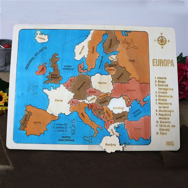 Puzzle Educativ Din Lemn, Gravat, Harta Europei Pe Tari Si Capitale