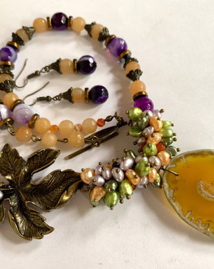 VINTAGE PURPLE GRAPES-agate,jad,perle cultura,hematit,bronz