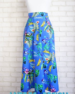 Fusta Midi Albastra Flori Tropicale  marime S