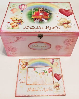 Cufar din lemn, 30*20*18 cm sau 40*30*20 cm, cu tema ursuleti, baloane si poza