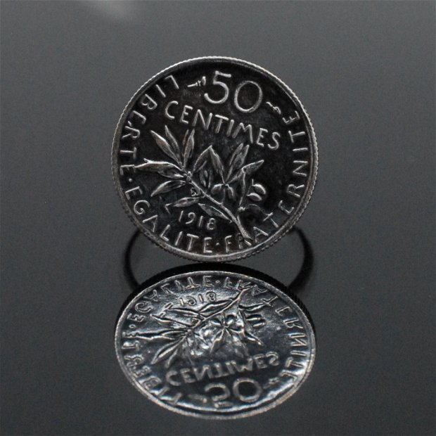 Inel din argint, din moneda franceza 50 centime, din colectia Reversul monedei