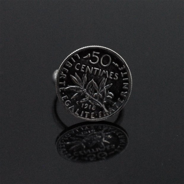 Inel din argint, din moneda franceza 50 centime, din colectia Reversul monedei