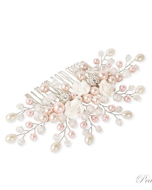 Pieptene par mireasa handmade roz cu flori Royal Blossom