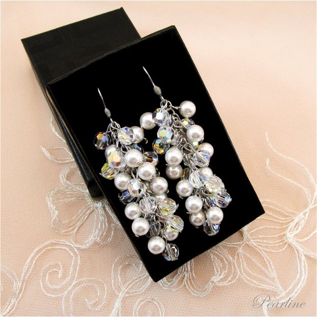 Cercei ciorchine Elegance cu perle si cristale Swarovski - tortite argint