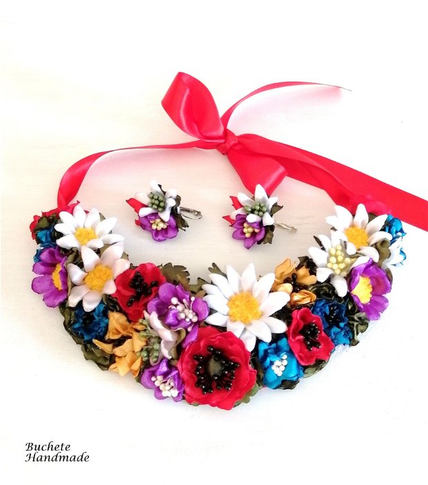 Set bijurterii cu flori textile/Colier cu flori colorate