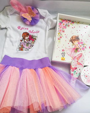Costumas Fetite -Fusta tutu multicolora si Tricou brodat