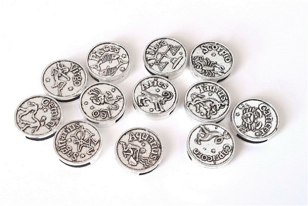 Slide Charm Zodiac, berbec, argintiu antichizat, 17 mm