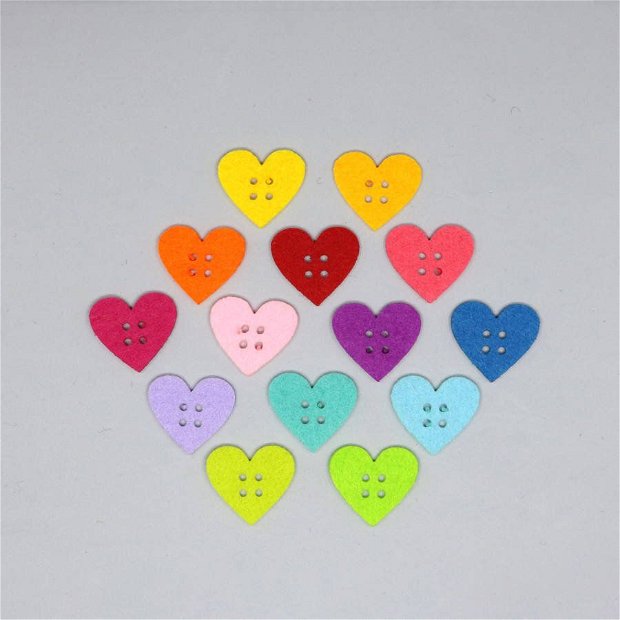Figurine din fetru- nasturi inimi colorate-2.5 cm, 14/set