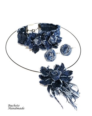 Set bijuterii din flori denim/Colier denim