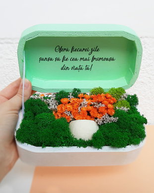 Aranjament licheni si flori in cutie pictata manual personalizata