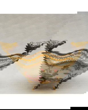 Fructiera din portelan cu pasarele din bronz