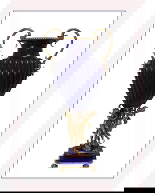 Vaza din portelan albastru cu ingerasi din bronz