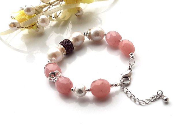 Bratara perle&pink jad