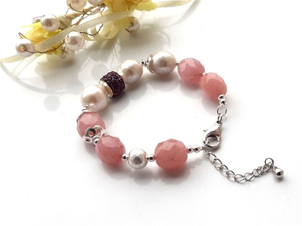 Bratara perle&pink jad