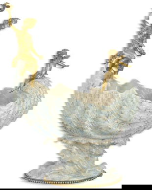 Fructiera scoica din portelan cu o nimfa din bronz