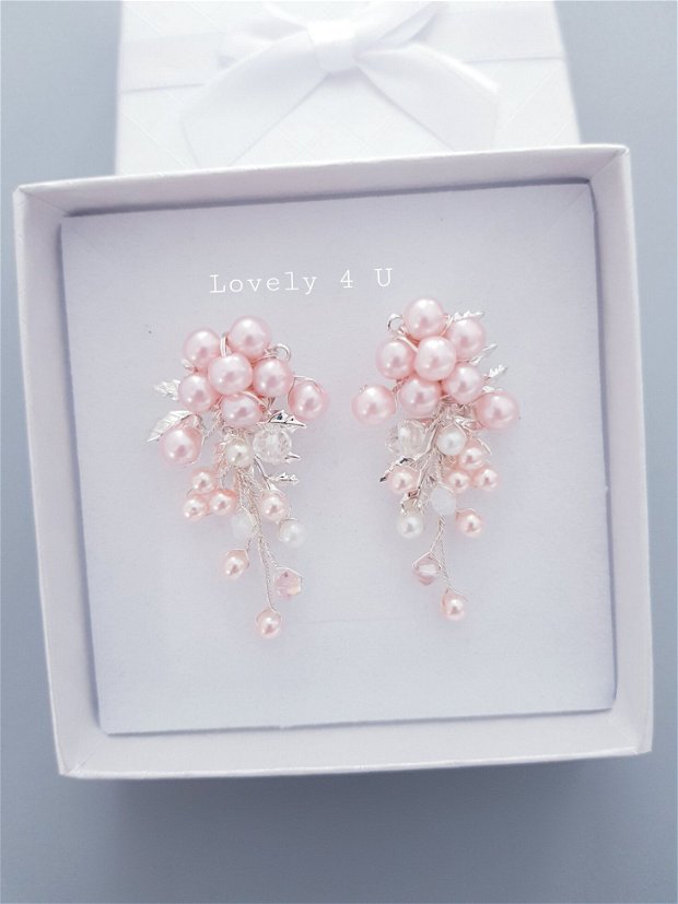 CERCEI DALIANA - Cercei cu perle roz  și frunzulițe