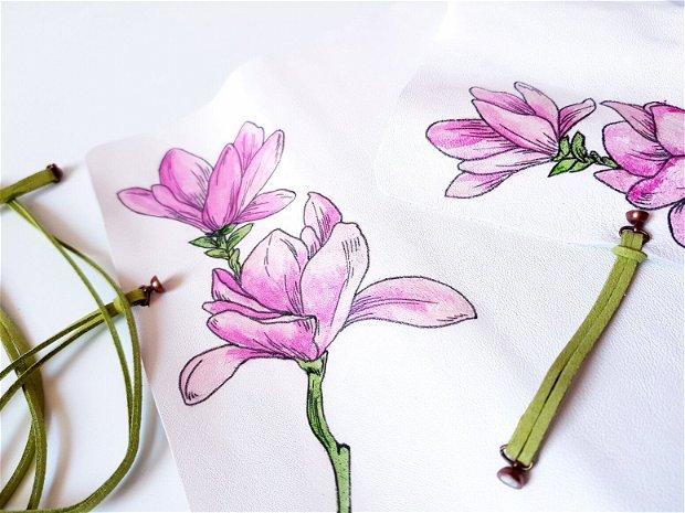 SET cu magnolii - piele naturală: jurnal, penar, stilou, semn de carte